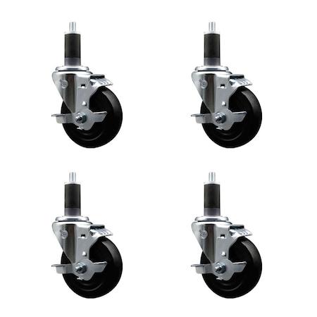 Service Caster 4'' Soft Rubber Swivel 1-1/4'' Expanding Stem Caster Set with Brake, 4PK SCC-EX20S414-SRS-TLB-114-4